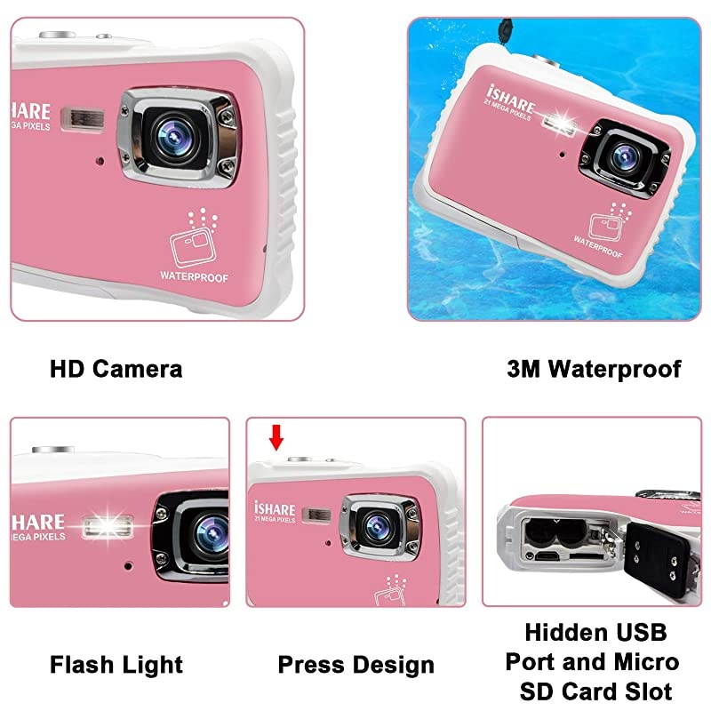 Camera21MP HD 3M Waterproof Digital Camera Waterproof Camera 20 Inch LCD Display8X Digital ZoomFlash and Mic for Boys Girls GiftPink