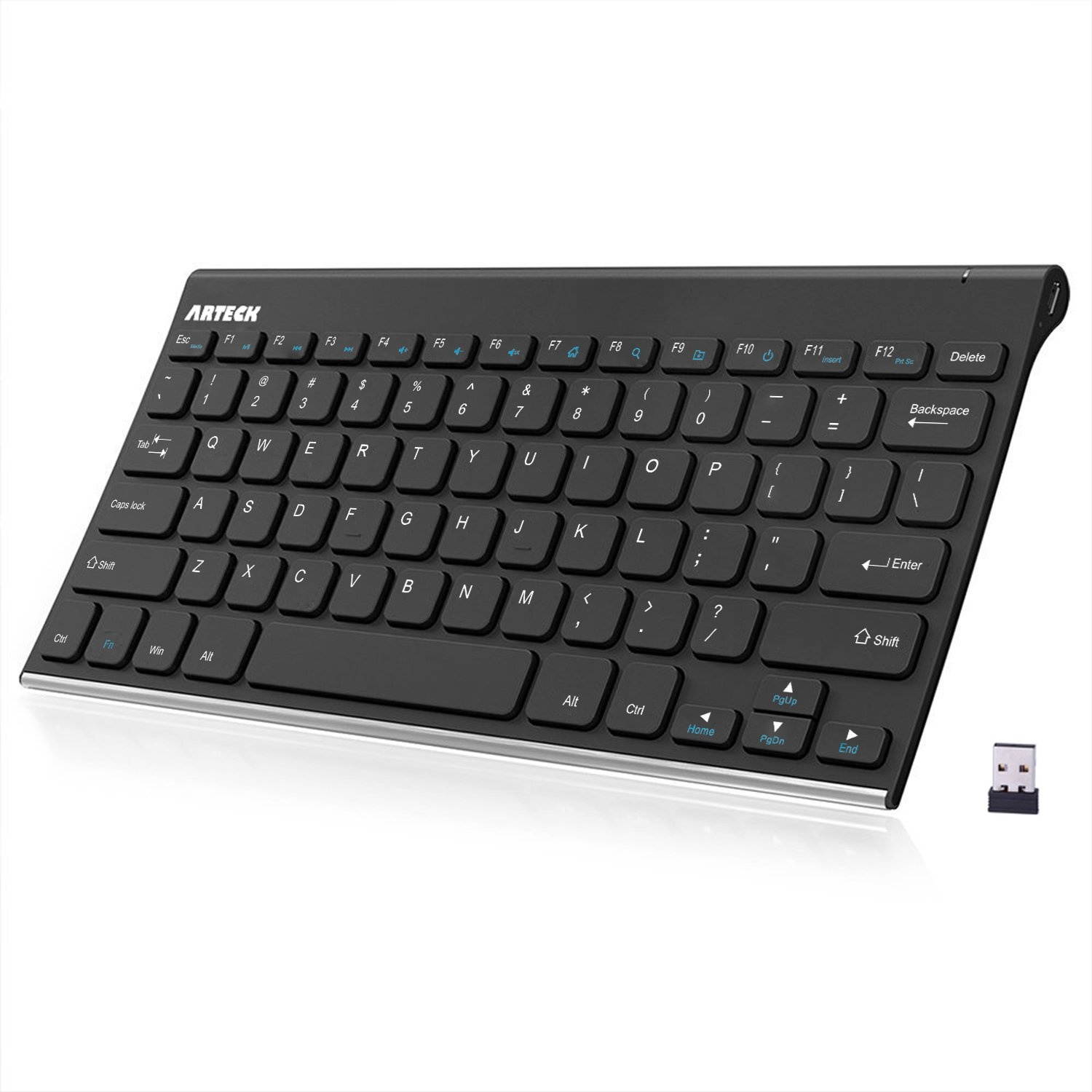 Arteck 2.4G Wireless Keyboard Stainless Steel Ultra Slim Full Size Keyboard for Computer/Desktop/PC/Laptop/Surface/Smart TV and Windows 10/8/7/Vista/XP Built in Rechargeable Battery