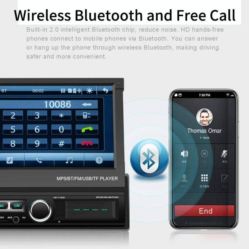 Single Din Car Stereo Navigation Car Radio 7" Motorized Touch Screen Bluetooth Head Unit Support GPS/FM Radio/AUX-in/USB/SD/Android iOS Mirror Link + 12 IR Car Backup Camera + Wireless Remote