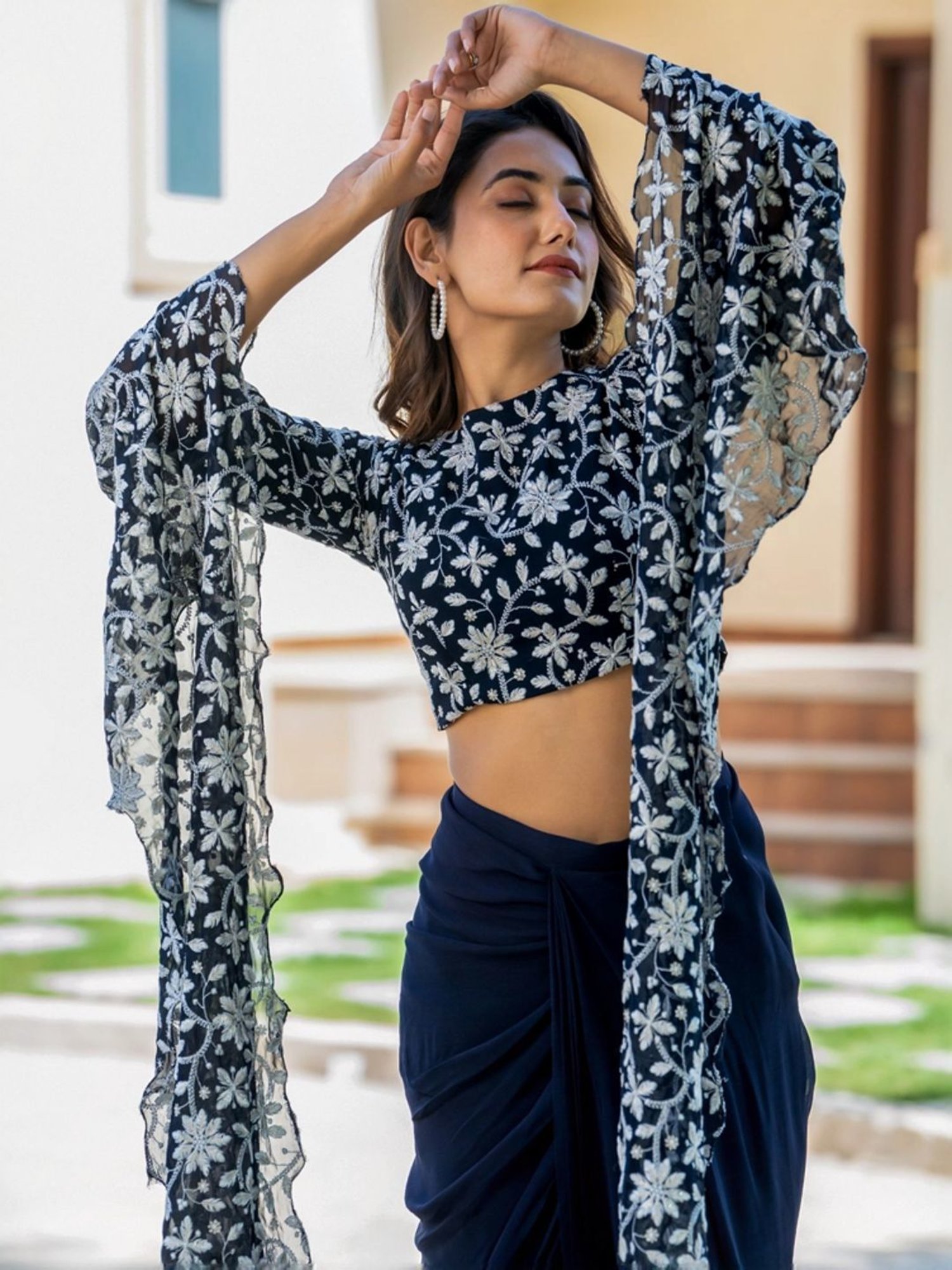 HOUSE OF JAMOTI Navy Embroidered Crop Top Skirt Set