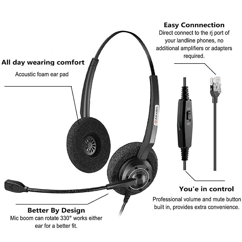 Telephone Headset RJ9 with Noise Canceling Mic Office Phone Headset for Polycom VVX310 VVX311 VVX410 VVX411 Avaya 1408 1416 5410 Mitel 5220e 5330e 5330 ShoreTel NEC Landline Deskphones A200D
