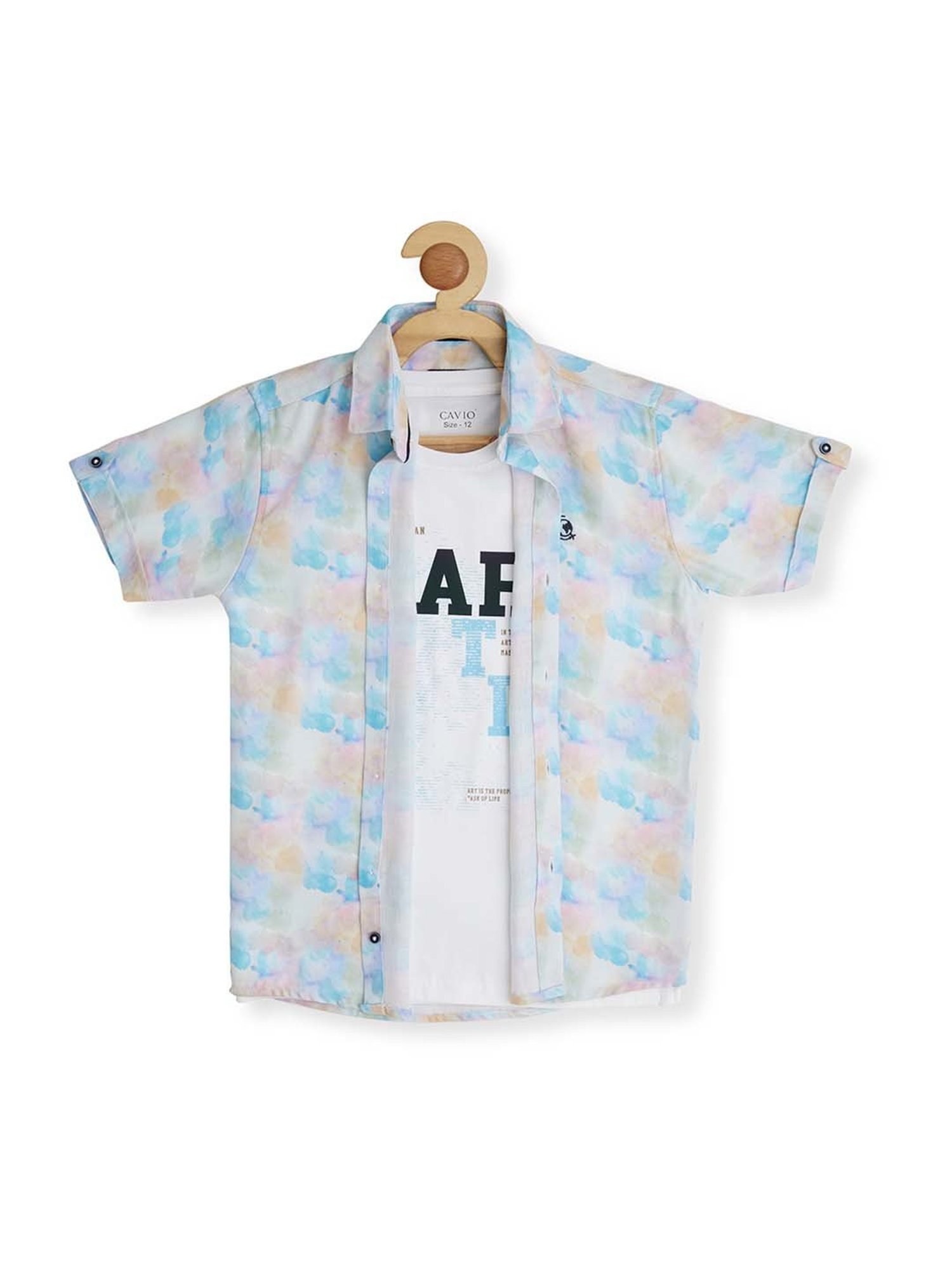 Cavio Kids Blue & White Cotton Printed Shirt with T-Shirt