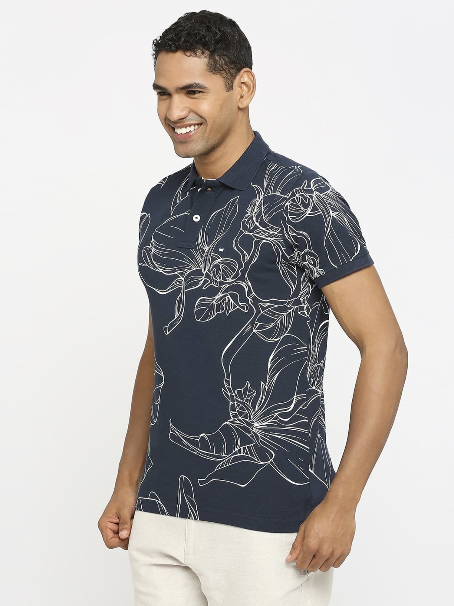 Basics Grey Cotton Muscle Fit Printed Polo T-Shirt