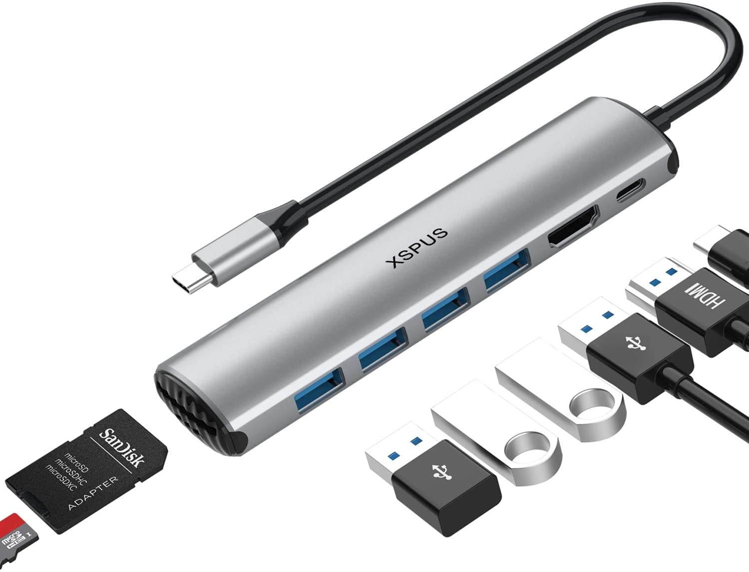 USB C Hub MacBook Pro Adapter - 8 in 1 Portable Aluminum USB C Dongle with USB C Charging, USB C to HDMI, 4 USB 3.0 Ports, SD/TF Card Reader, Compatible for MacBook Pro and More Type C Devices