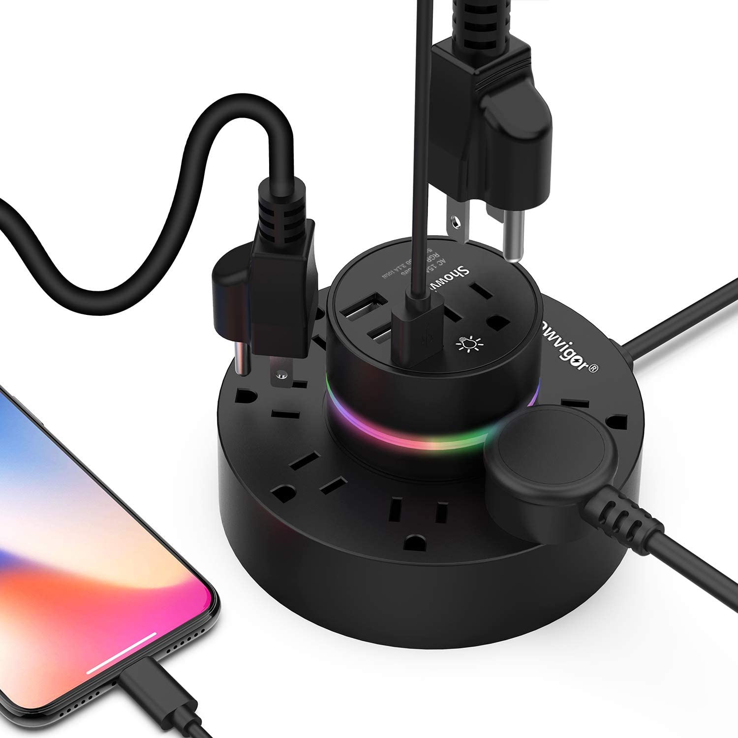 Power Strip with USB, 9-Outlet Surge Protector 3 USB Charging Ports with Sensor Night Light, 6ft Long Extension Cord, Flat Plug, 1875W/15A Compact Size for Travel, Home and Office, ETL Listed