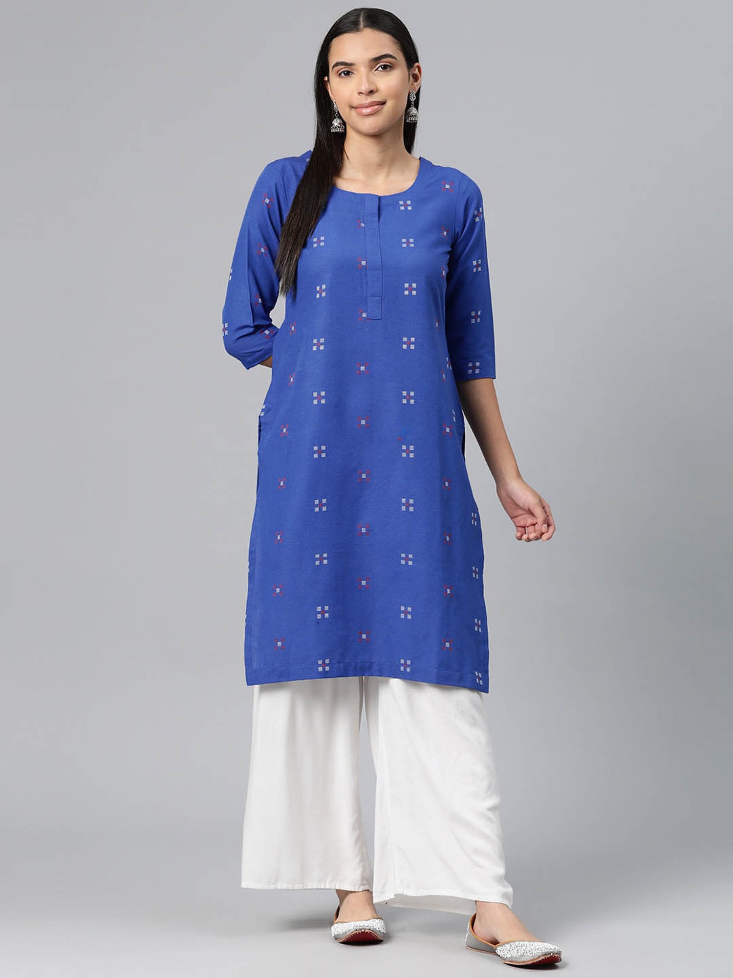 One Femme Blue Cotton Self Design A Line Kurti