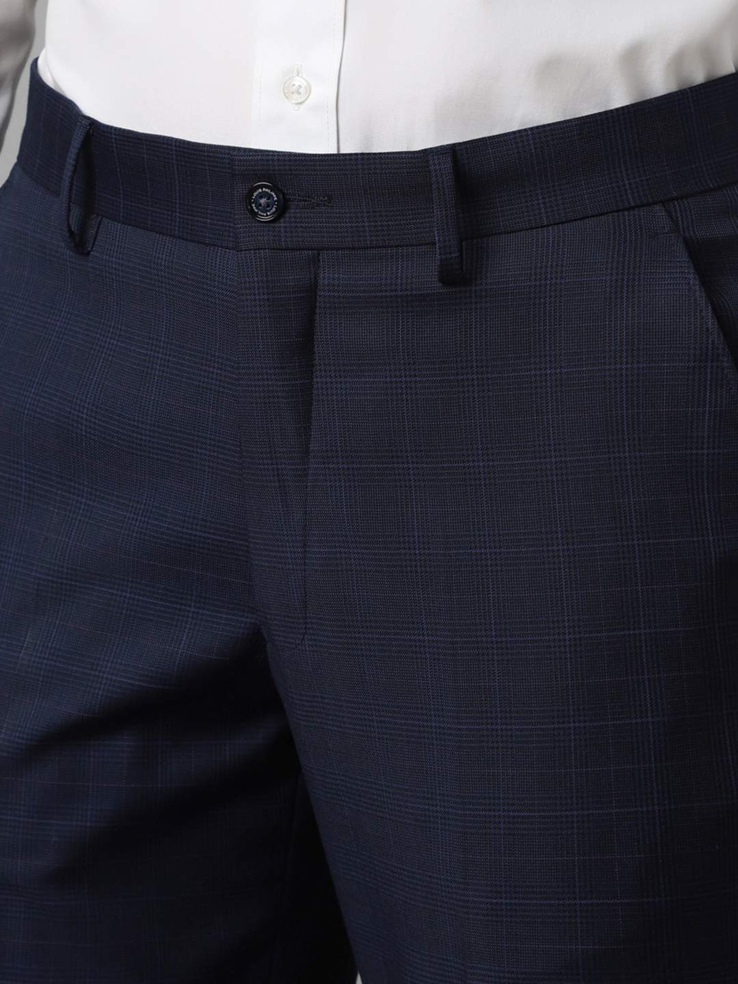 Louis Philippe Navy Slim Fit Checks Trousers