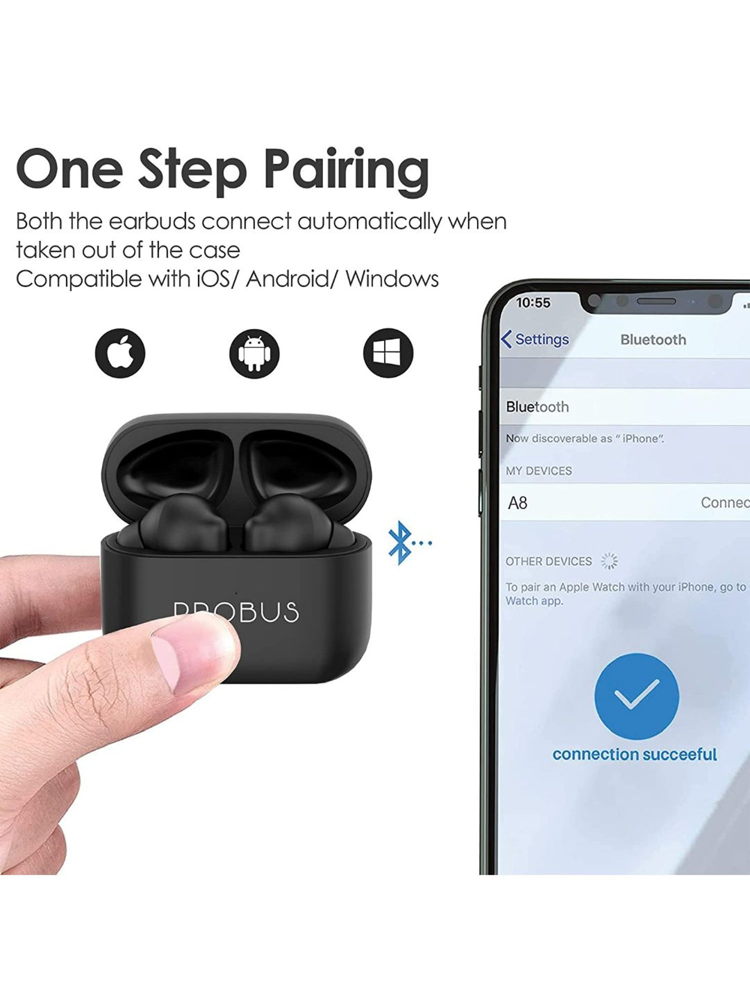 Probus A8 Touch Control in-Ear Passive Noise Cancellation TWS Wireless Bluetooth Earbuds (Black)