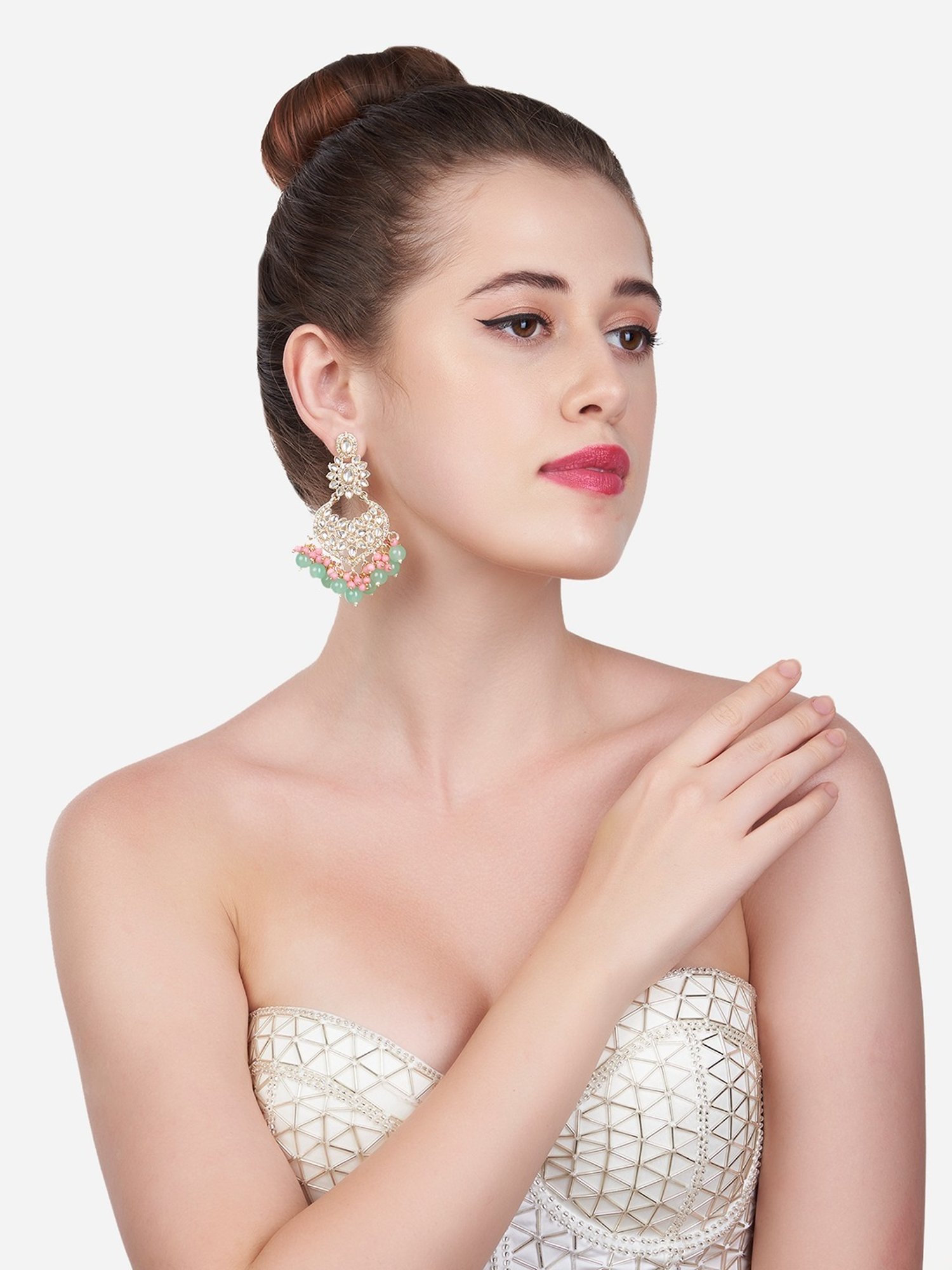 Zaveri Pearls Green & Pink Cluster Beads Kundan Ethnic Drop Earrings-ZPFK13547