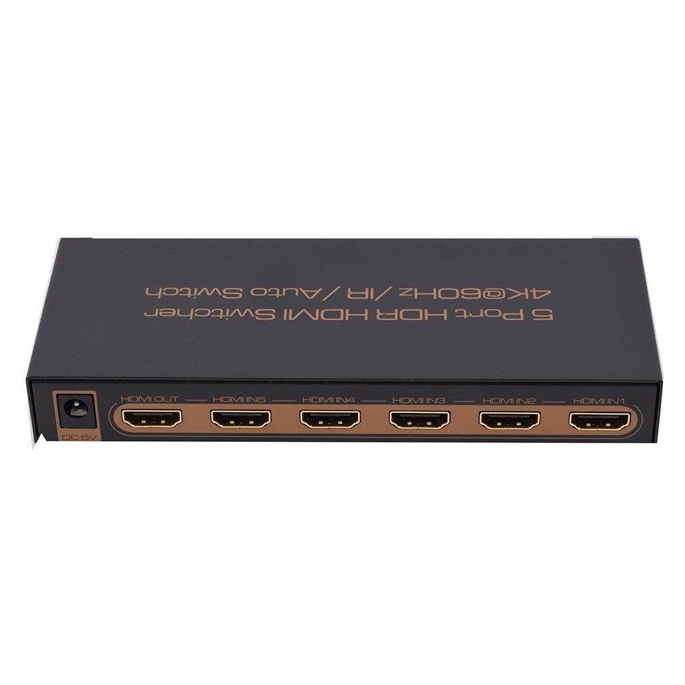 5 Port HDR HDMI Switcher.Support 4K@60Hz UHD signal input and output.Five HDMI Inputs switch to one HDMI Output