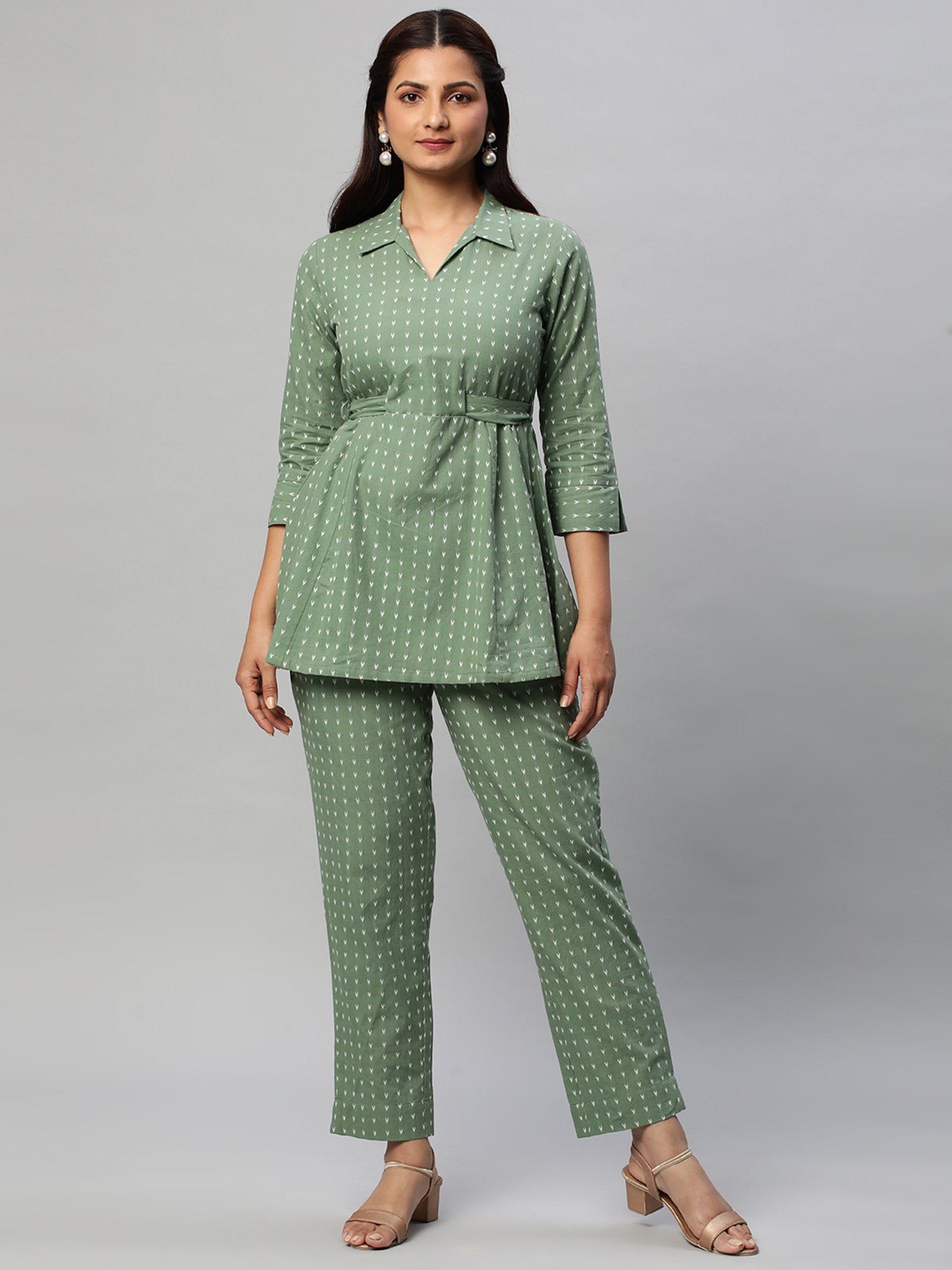 Kami Kubi Green Printed Top With Trousers & Belt