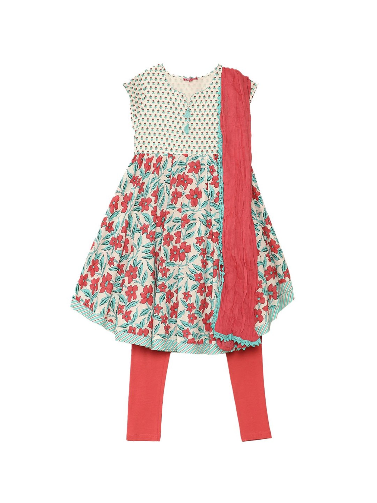 BIBA Girls Off White & Red Printed Kurta, Leggings with Duppatta