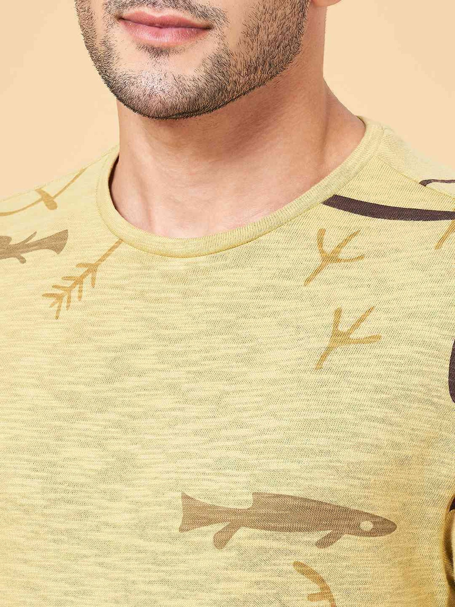 7 Alt By Pantaloons Olive Cotton Relaxed Fit Printed T-Shirt