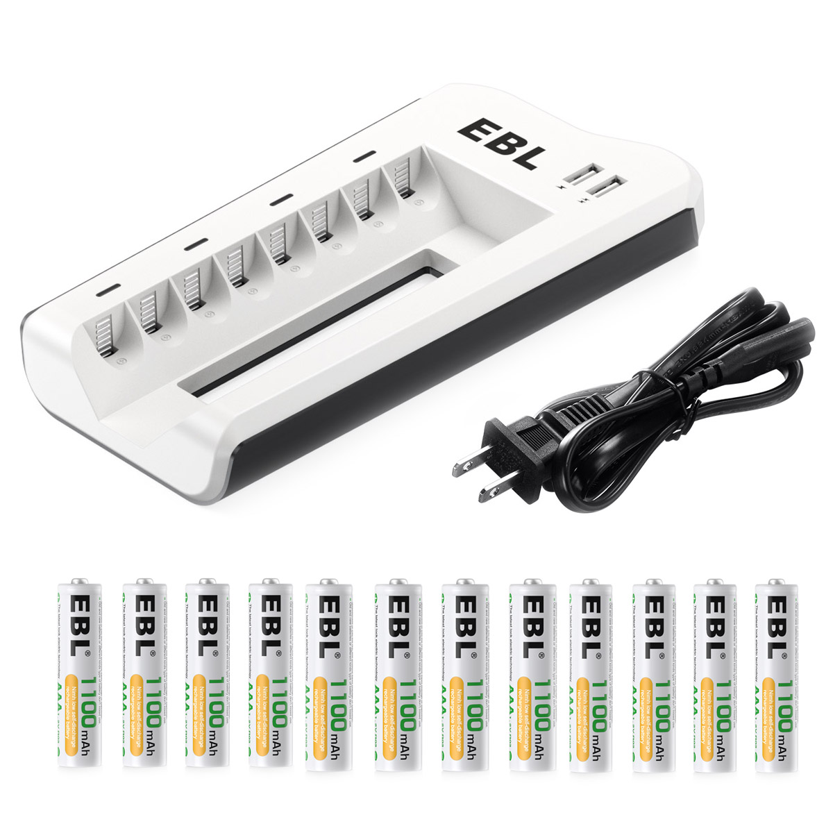 EBL 8pcs AAA Ni-MH Rechargeable 1100mAh Batteries + Battery Charger for AA/AAA Batteries with 808U Battery Charger Build-in Dual USB Charging Ports