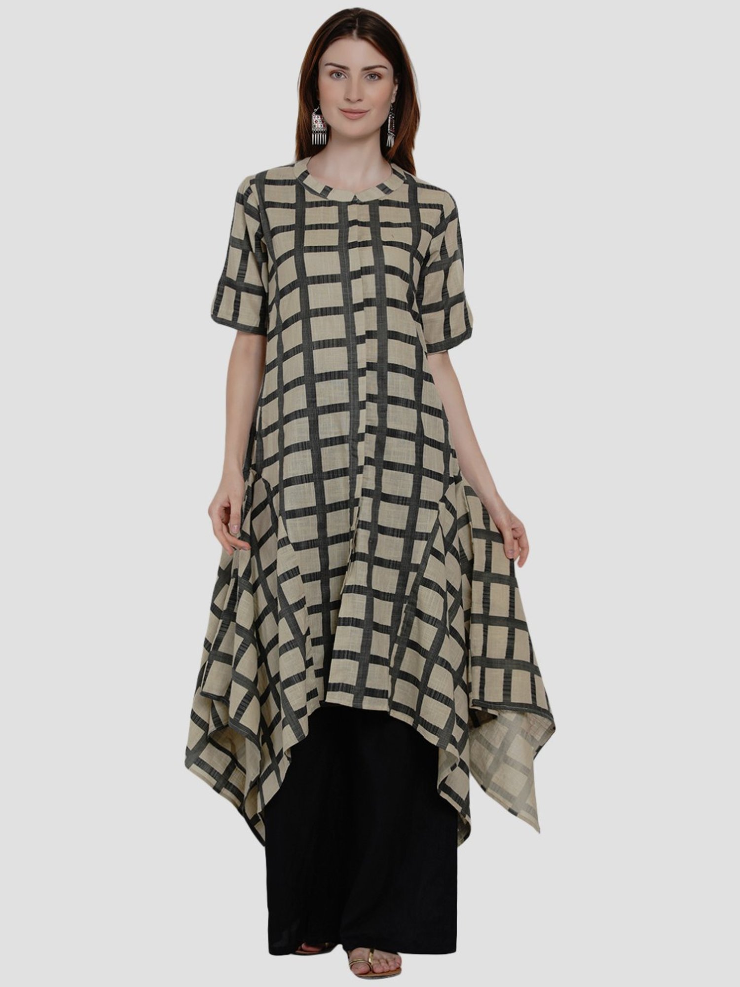 Women Republic Beige Cotton Chequered A Line Kurta