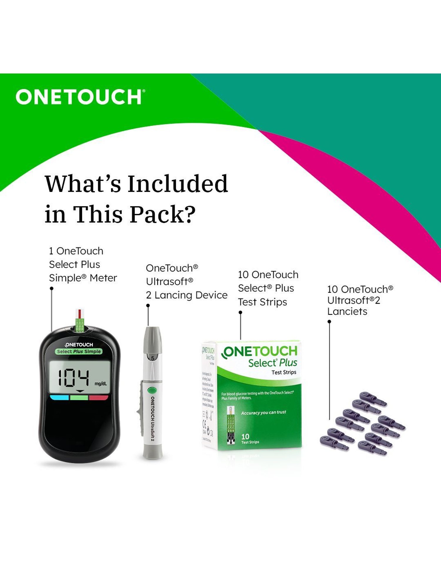 OneTouch Select Plus Simple glucometer | FREE 10 Test Strips + 10 Lancets + 1 Lancing device