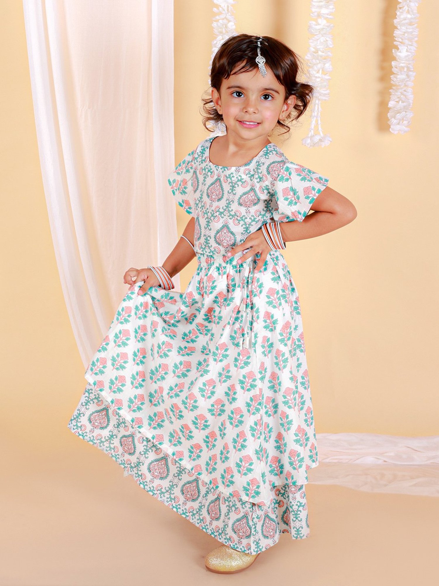 The Mom Store Kids Peach & White Floral Print Lehenga with Choli