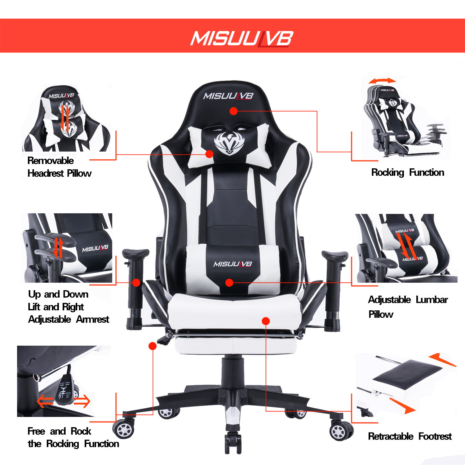 Gaming Chair, Racing Style Computer Desk Chair Padded Armrests Ergonomic Lumbar Support Adjustable Height