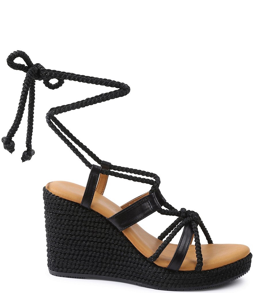 Andre Assous Ash Leather Ankle Wrap Braided Platform Wedge Sandals