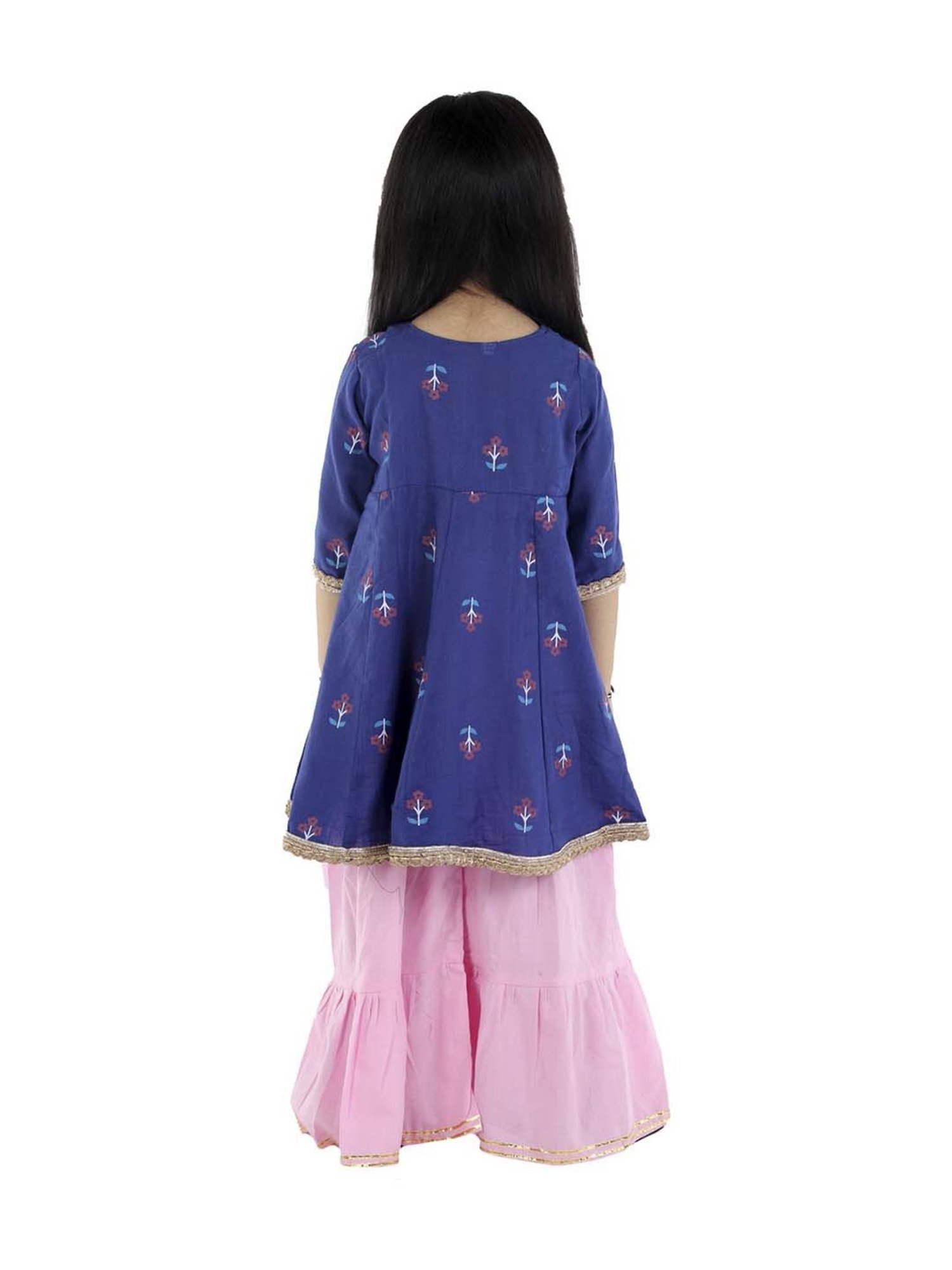 Ahhaaaa Kids Blue & Pink Cotton Floral Print Anarkali Set