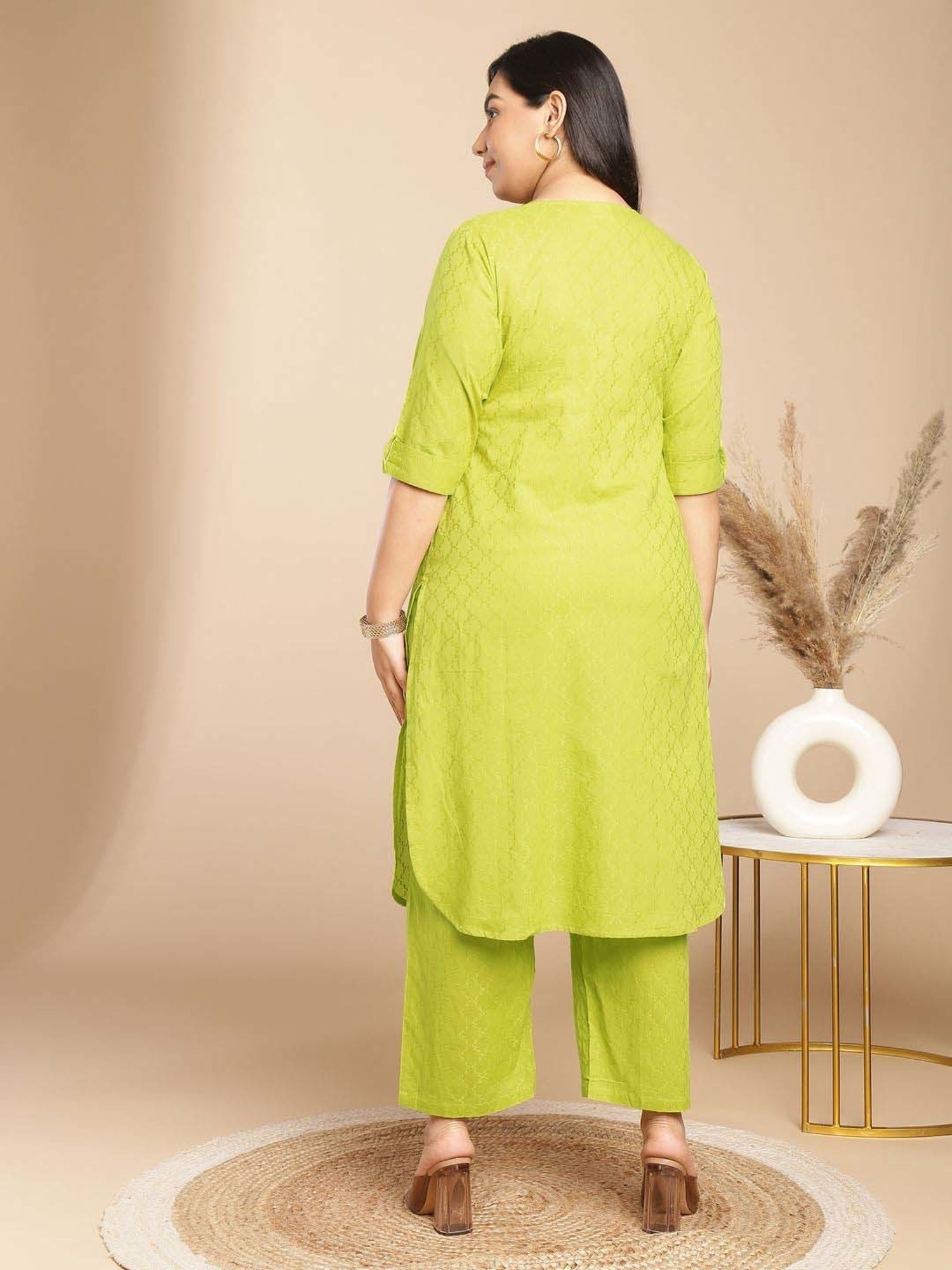 Janasya Lime Green Cotton Self Co-Ord Set