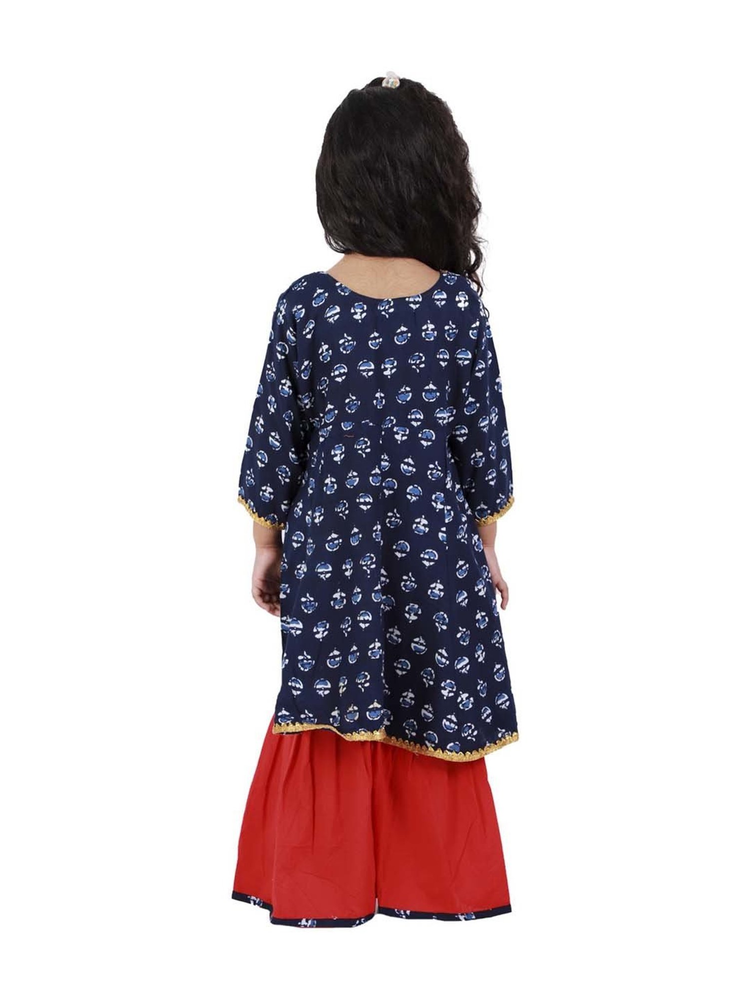 Ahhaaaa Kids Blue & Red Cotton Floral Print Anarkali Set