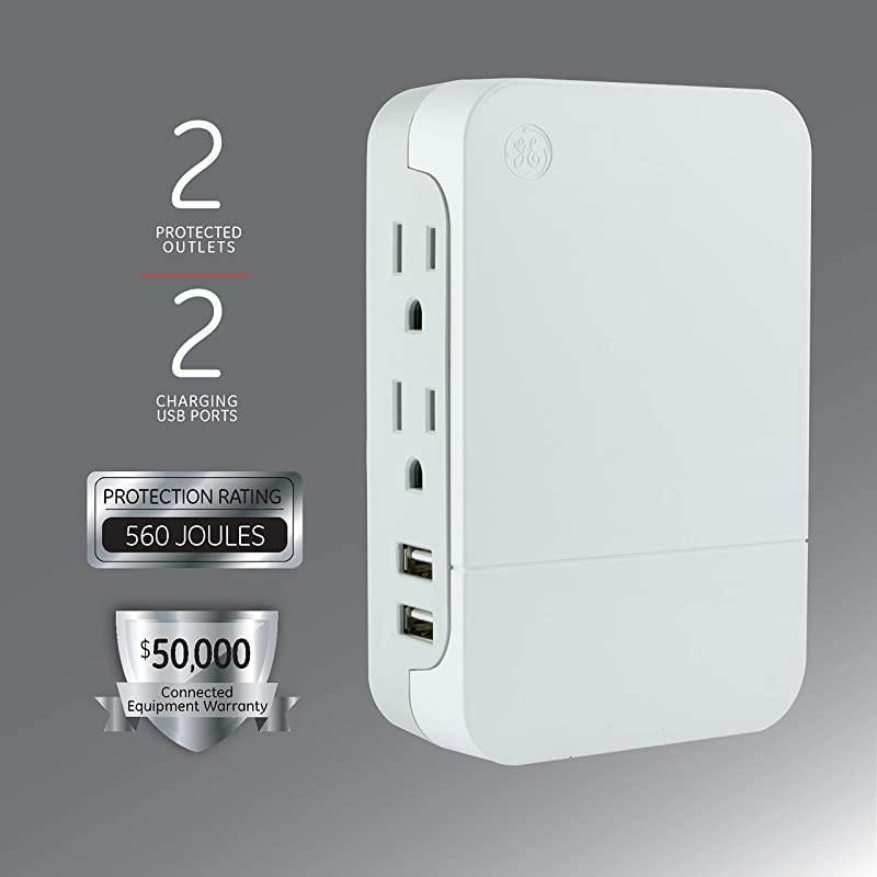 Pro 2-Outlet + 2 USB Side-Access Sur Protector, White, 2.4A/12W, 560 Joules, White, 31711