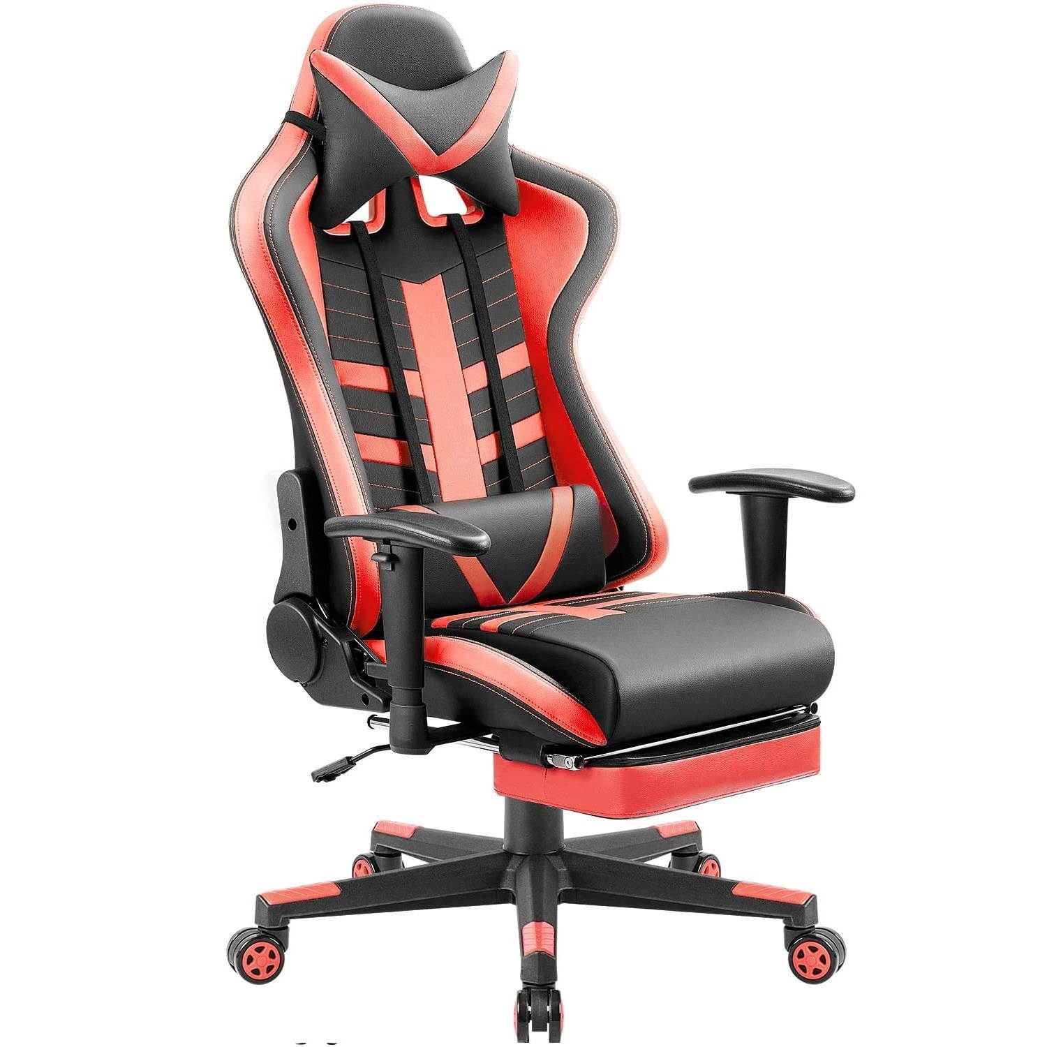 Devoko Ergonomic High-Back Racing Gaming Chair with Leather Bucket Seat, Headrest, Footrest and Lumbar Support (Black/Red)