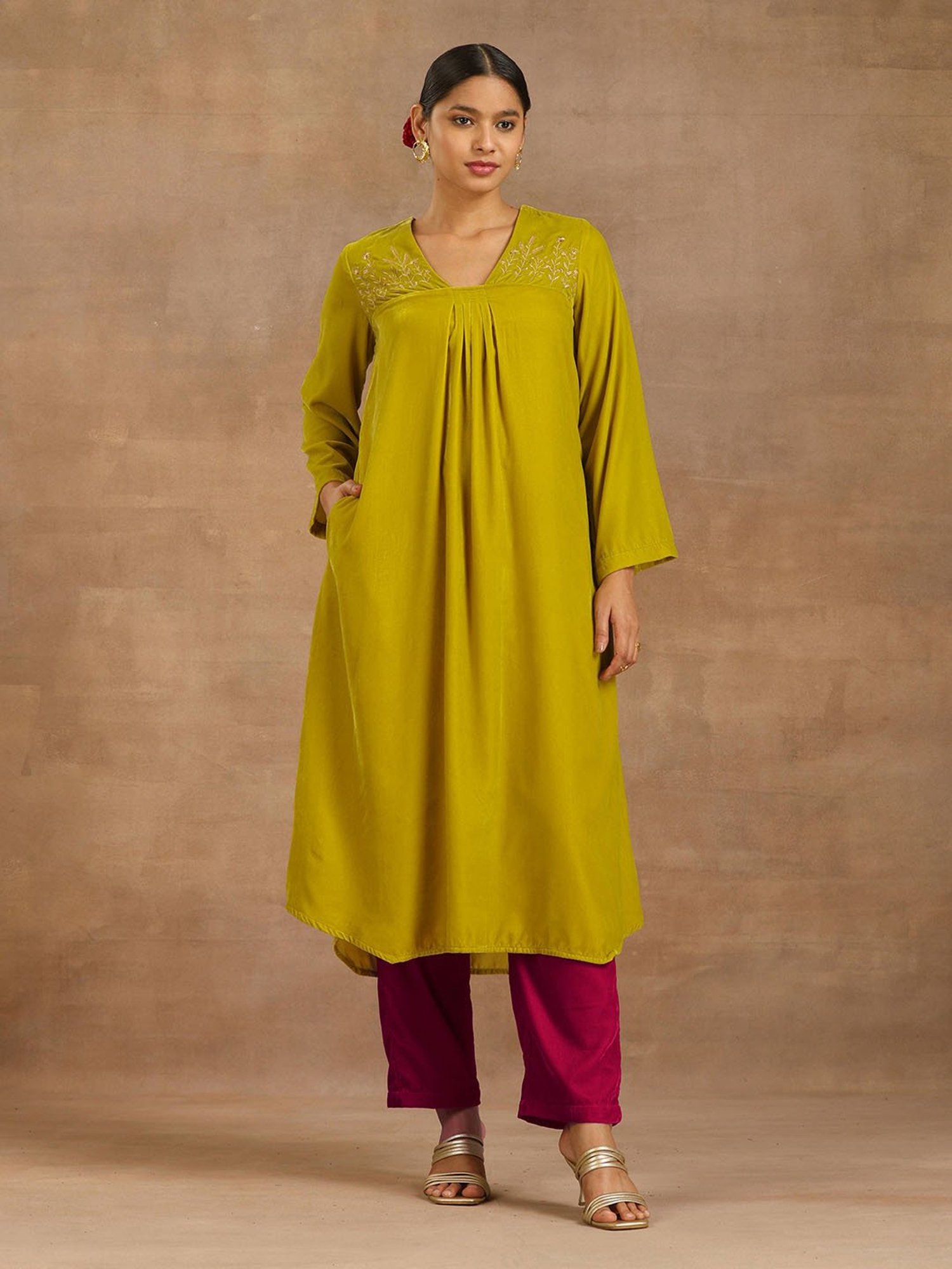 true Browns Lime Green Velvet Embroidered A Line Kurta