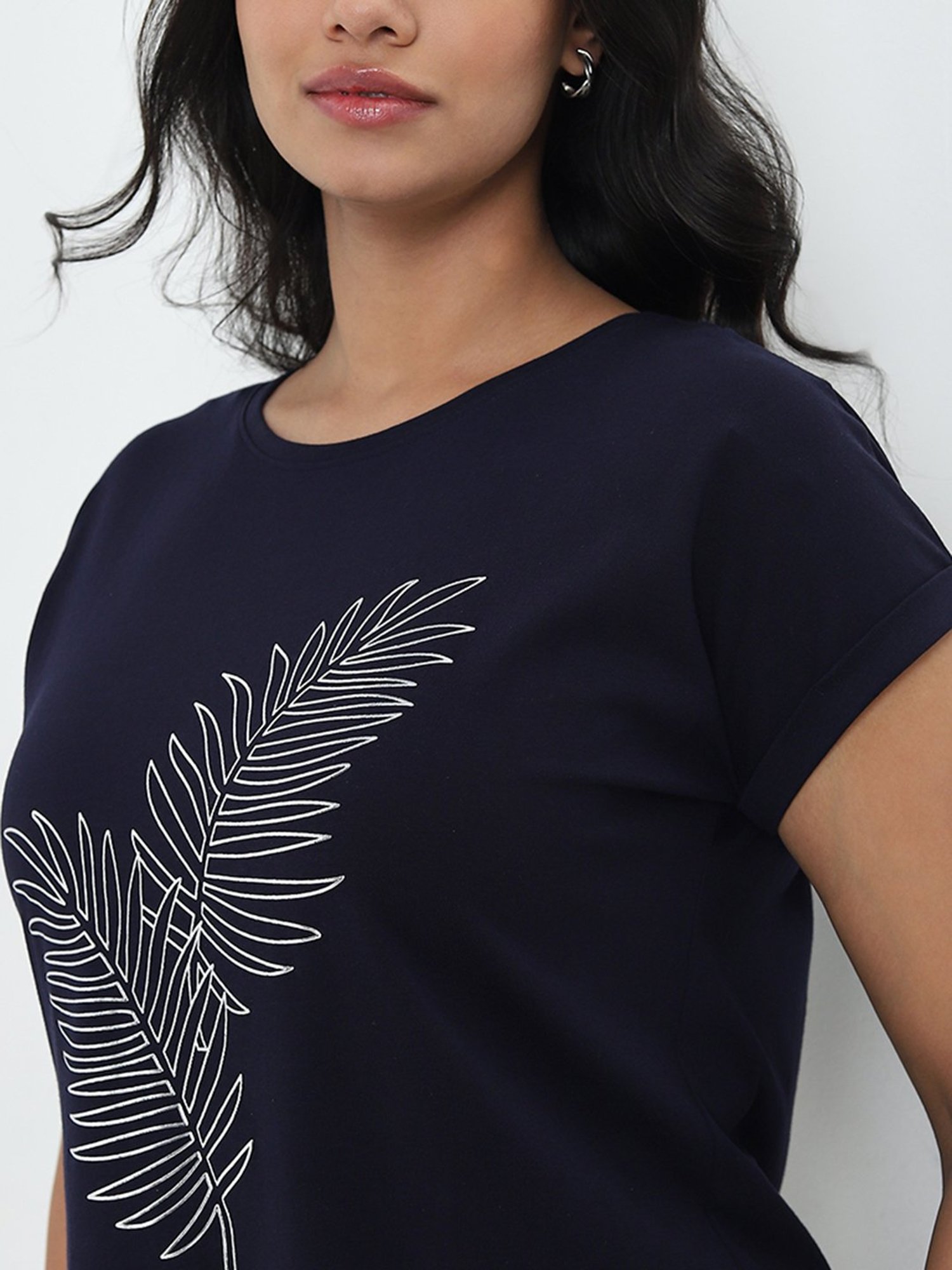 Gia by Westside Navy Blue Leaf Printed Cotton T-Shirt