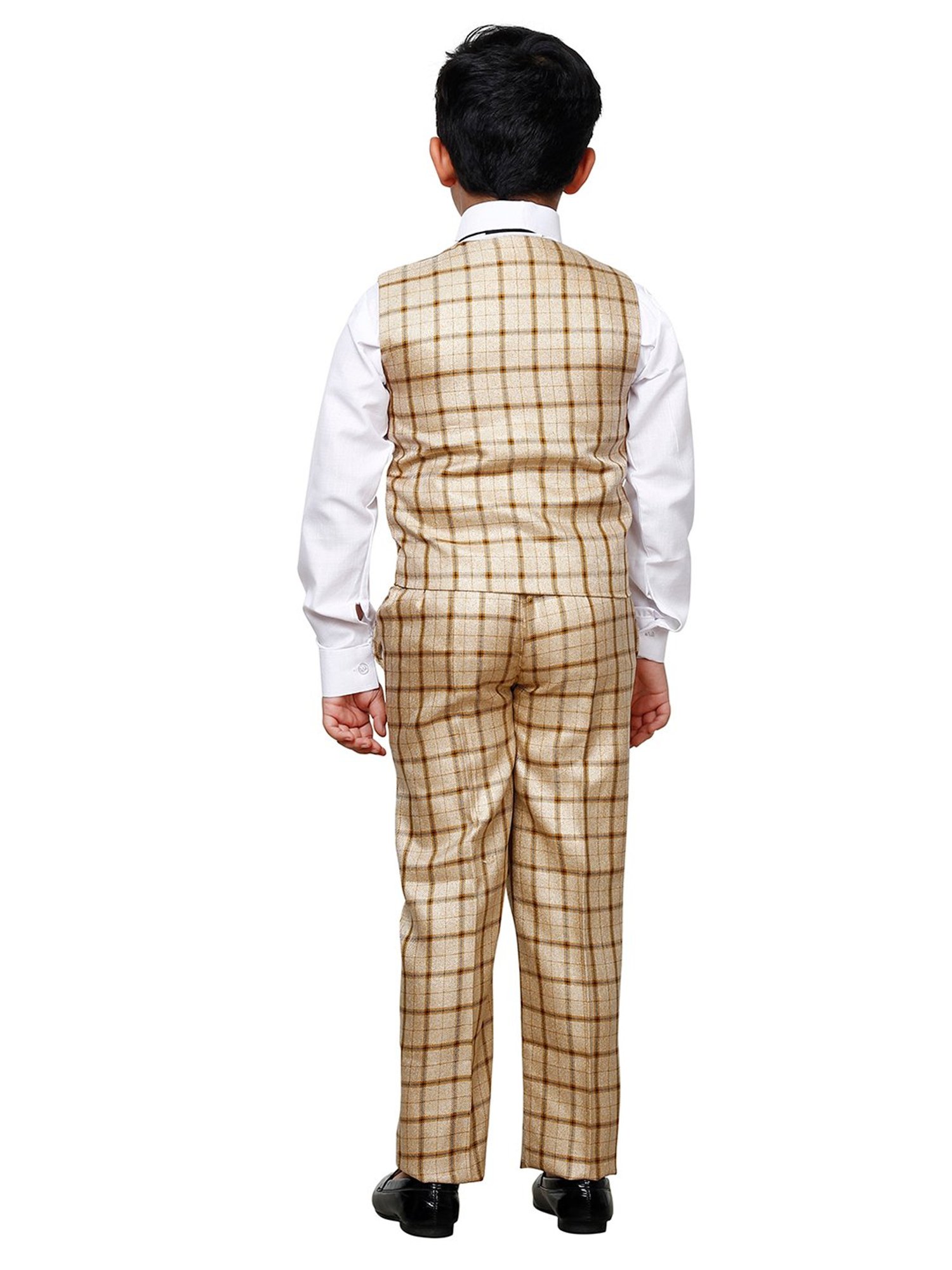 Pro-Ethic Style Developer Kids Beige & White Checks Full Sleeves Shirt, Waistcoat, Pants with Bow