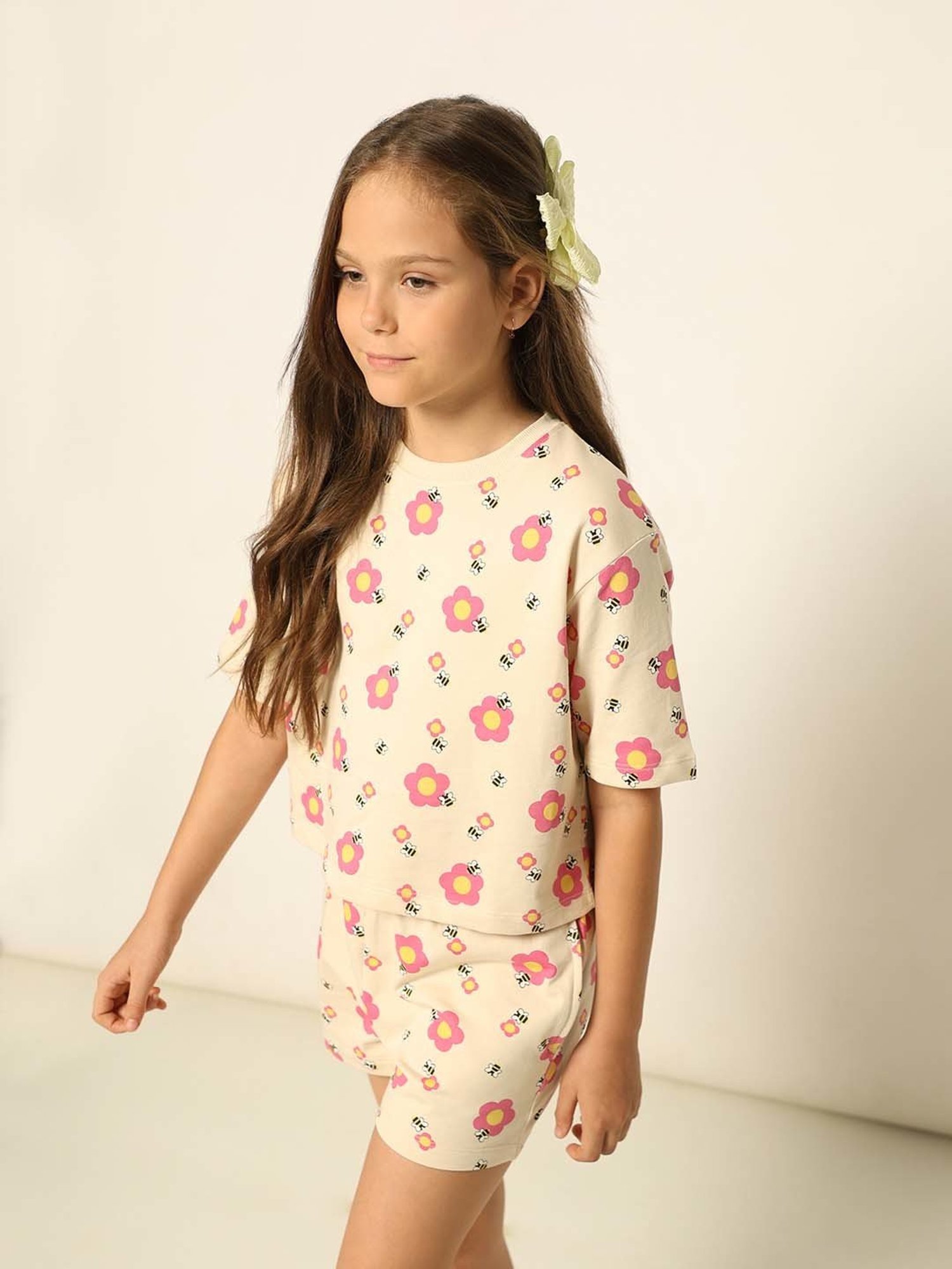 VERO MODA GIRL Cream & Pink Cotton Floral Print T-Shirt
