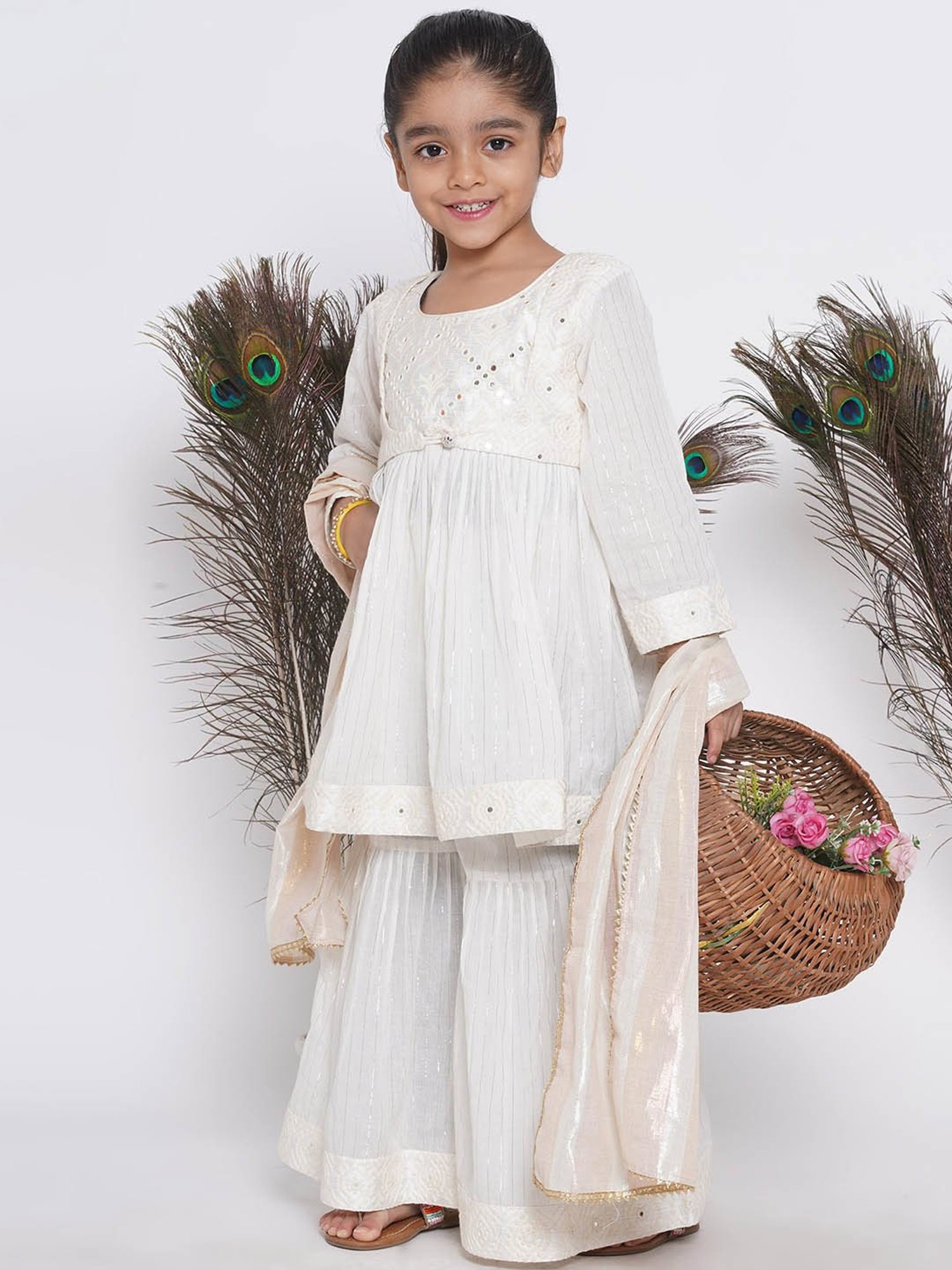 Little Bansi Kids Cream Embellished Kurta, Sharara with Dupatta