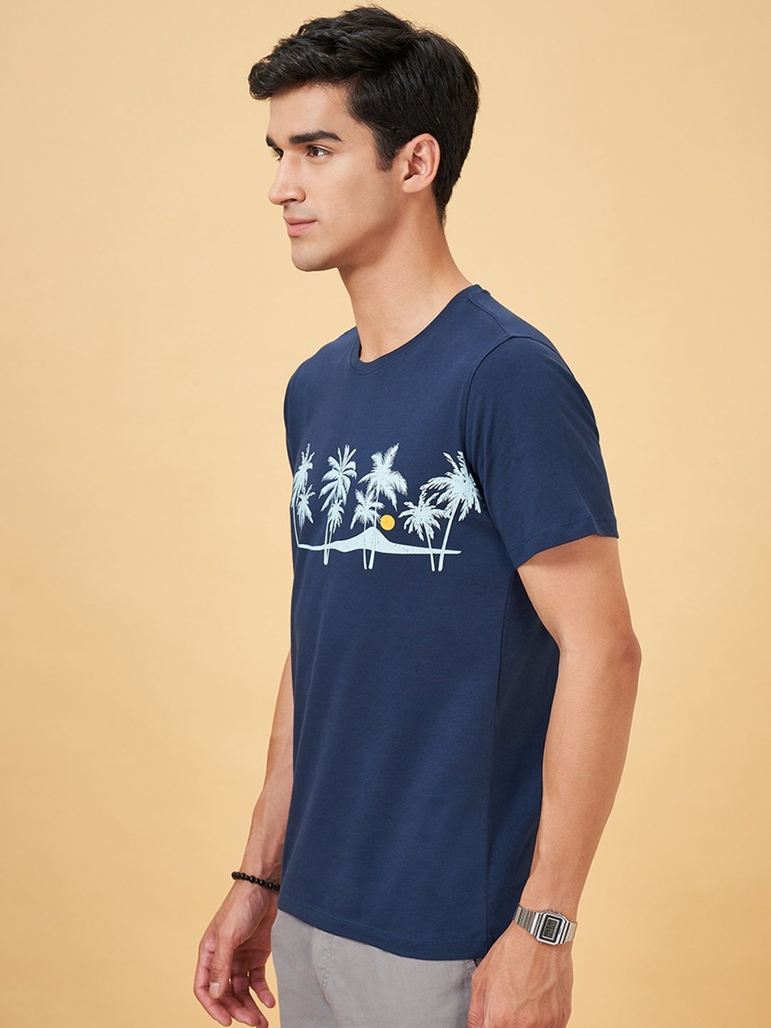 Urban Ranger By Pantaloons Dark Blue Cotton Slim Fit Printed T-Shirt