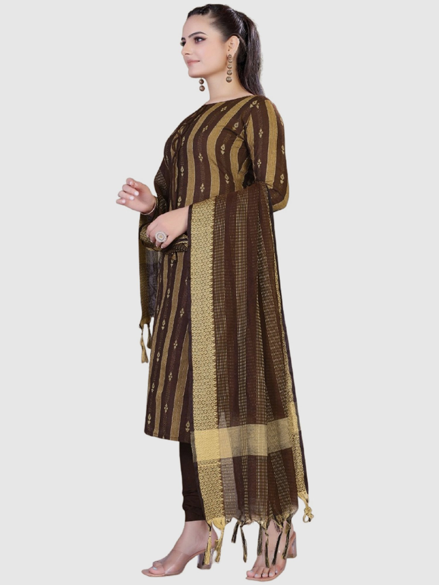 APNISHA Brown Cotton Printed Unstitched Dress Material