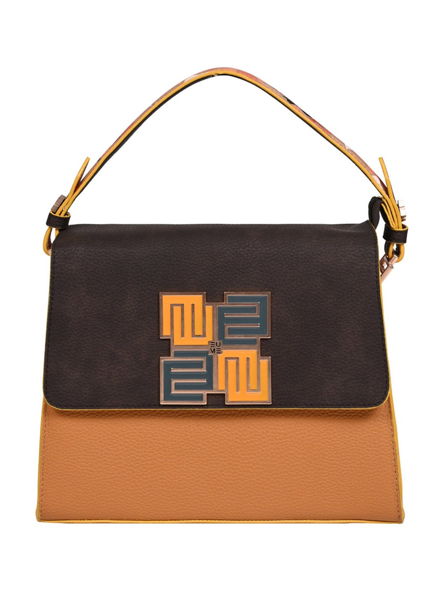 Eume Espresso Mustard Camo Vegan Leather Satchel Handbag