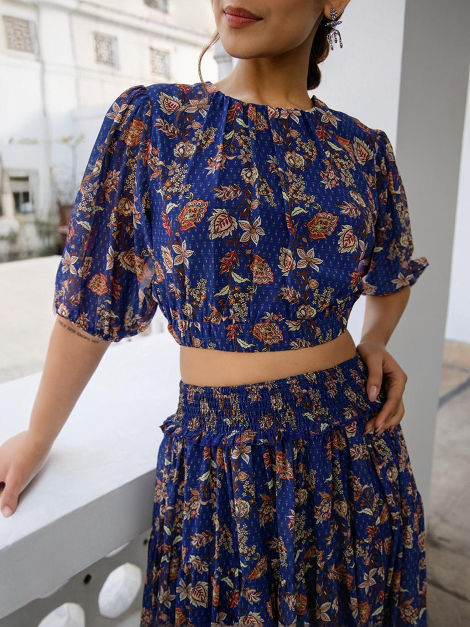 Janasya Blue Floral Print Top Skirt Set