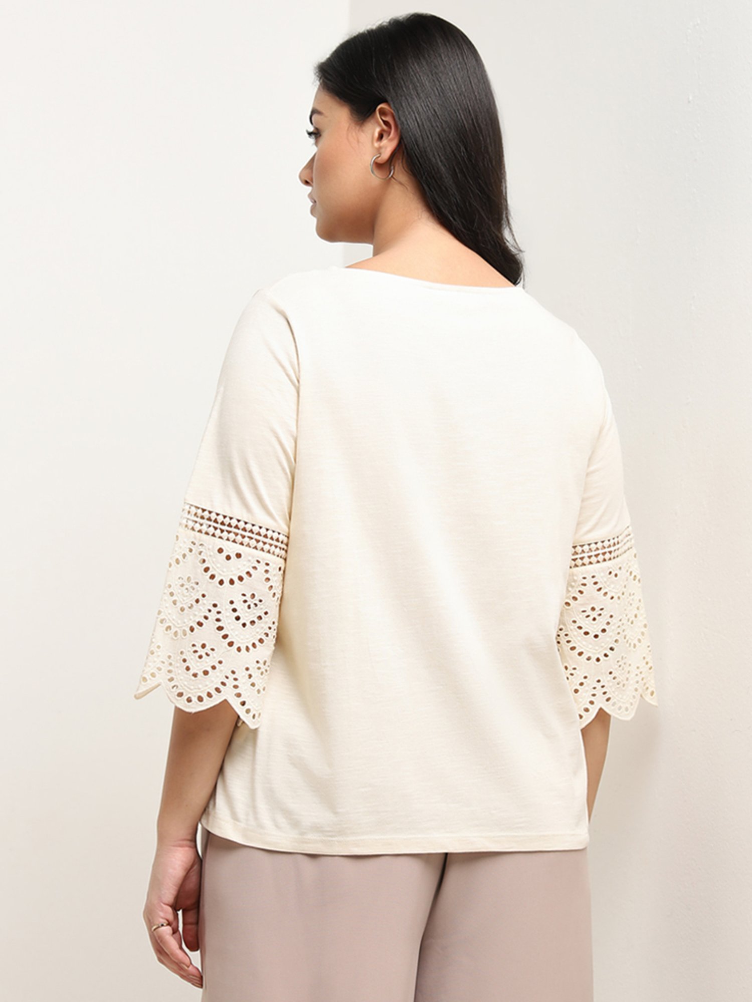 Gia by Westside Beige Schiffli Design Cotton Top