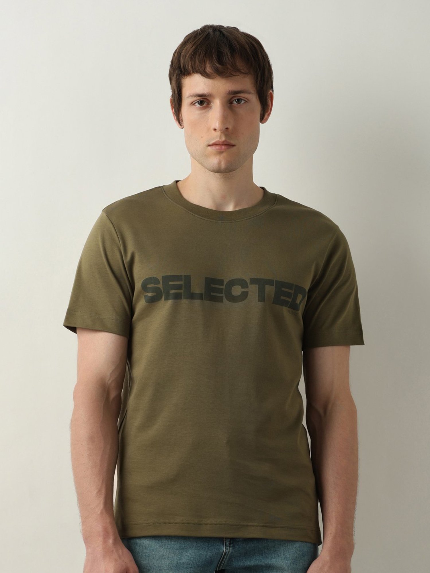 SELECTED HOMME Burnt Olive Slim Fit Logo Print Cotton Crew T-Shirt
