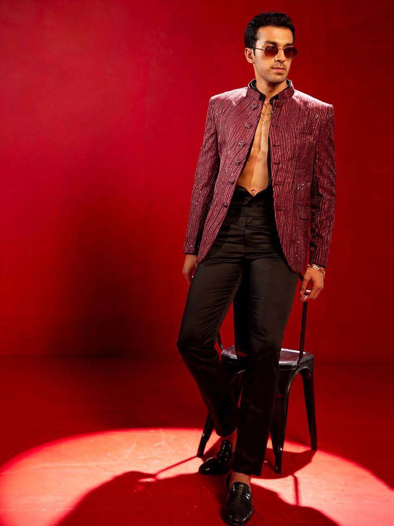 Vastramay Maroon Regular Fit Printed Ethnic Blazer