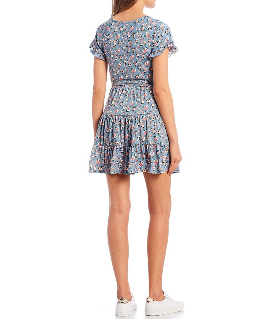 Stilletto's Ditsy Floral Short Sleeve Knit Tiered Faux Wrap Dress