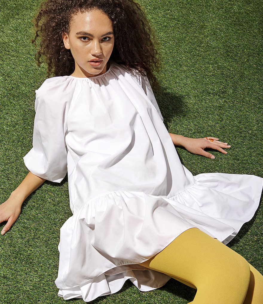 LDT Rachel Jewel Neck Ruffled Poof Swing Dress