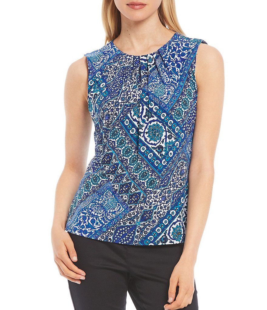 Calvin Klein Paisley Patchwork Print Matte Jersey Pleat Round Neck Sleeveless Top