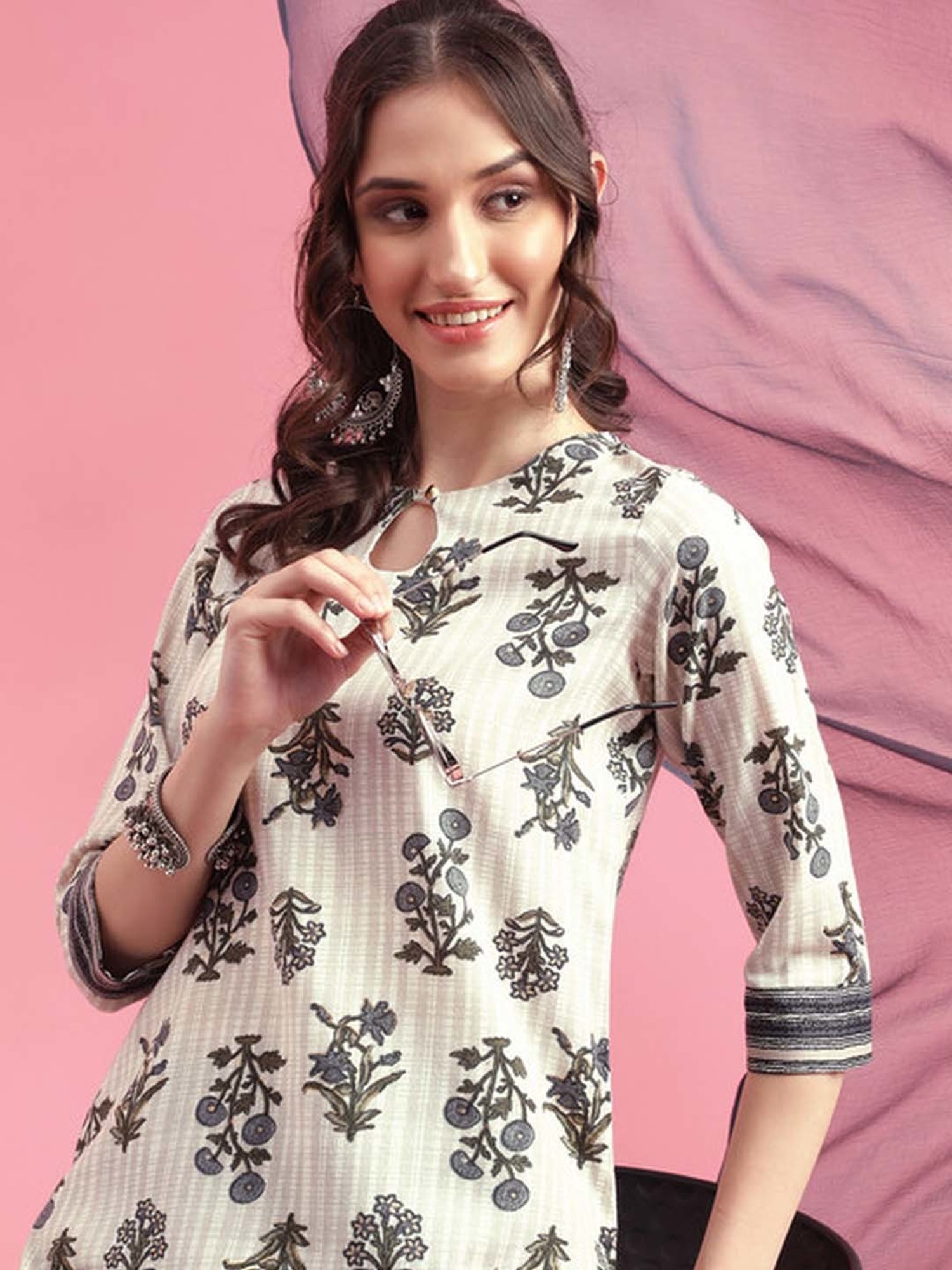 Skylee Off White & Grey Printed Kurta Palazzo Set With Dupatta