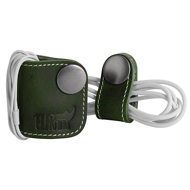 Genuine Leather Headphone Earphone Organizer Cord Organizer Wrap Winder Cord Manager Cable WinderSet of 2 Green