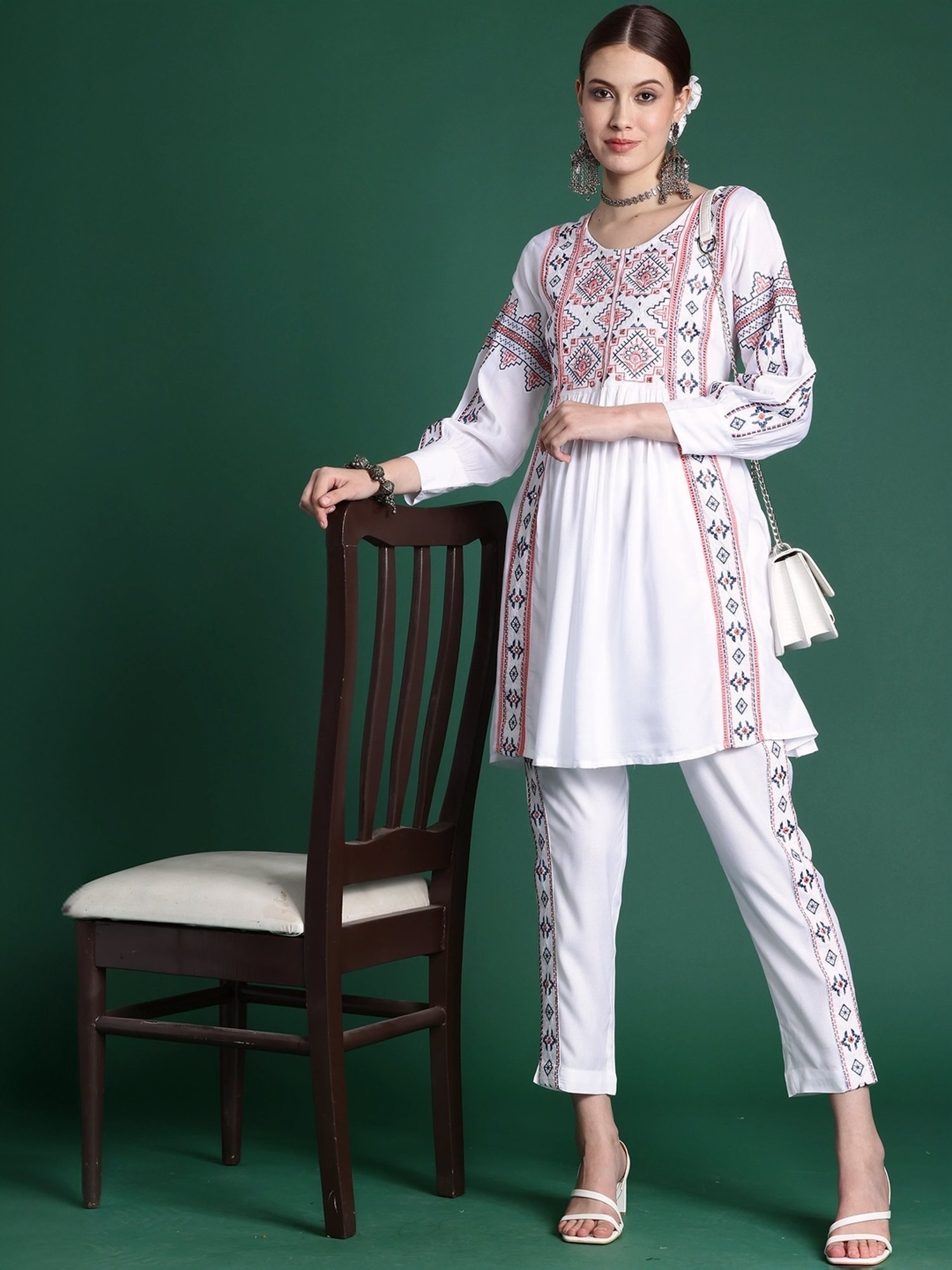 Indo Era White Embroidered Kurti Pant Set