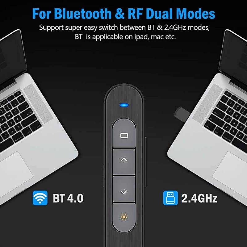 for Bluetooth Presentation Remote Powerpint Clicker USB Rechargeable RF 24 GHz Dual Modes Wireless Presenter Presentation Pointer Slide Advancer for MacKeynotePCPPT