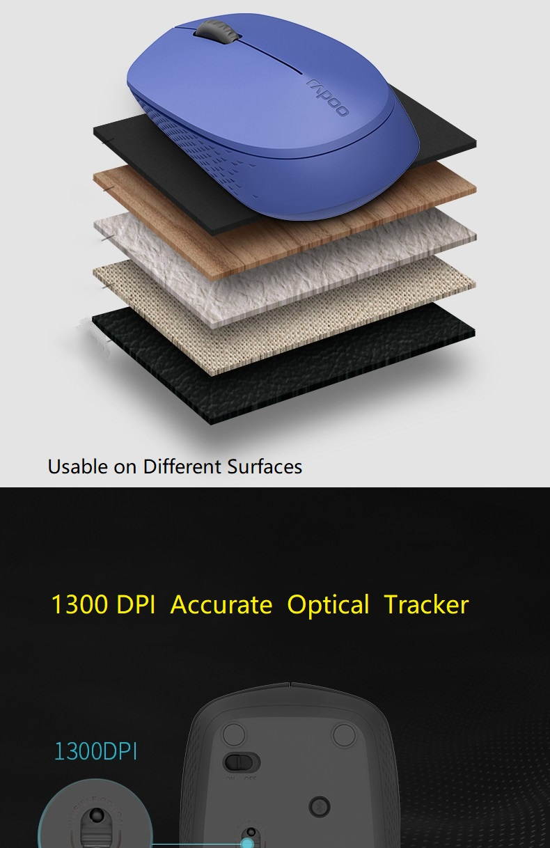 Rapoo T100  Ergonomic Design,  Wireless 3 Modes(Bluetooth4.0and 3.0, 2.4GHz Wireless) Connection 1300DPI Silent Mouse  For Office And Game - Green