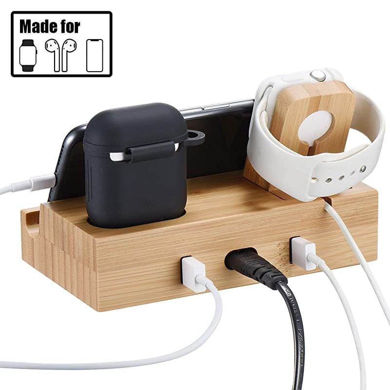 3Port Bamboo Charging Station Desk Dock Stock Cradle Holder Organizer Charging Stand for Universal Multi Device Compatible AirPodsApple WatchCell Phone with Case