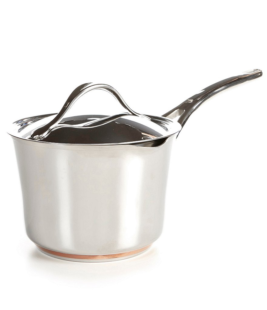 Anolon Nouvelle Copper Stainless Steel 3.5-Quart Covered Straining Saucepan with Lid